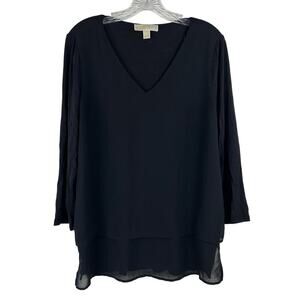 Michael Michael Kors Black Tunic Top Chiffon Layered V-Neck 3/4 Sleeve Size M